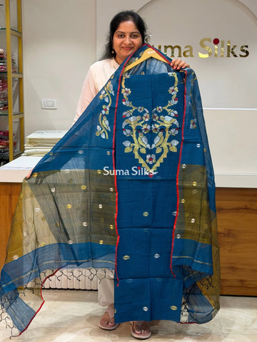 Muslin Jamdani Multiple Birds Neck Pattern Peacock Blue