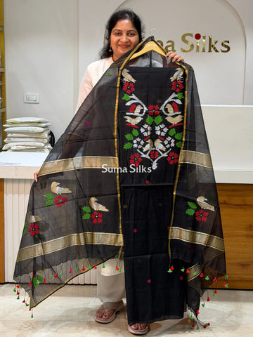 Muslin Jamdani Neck Birds Design Black Color