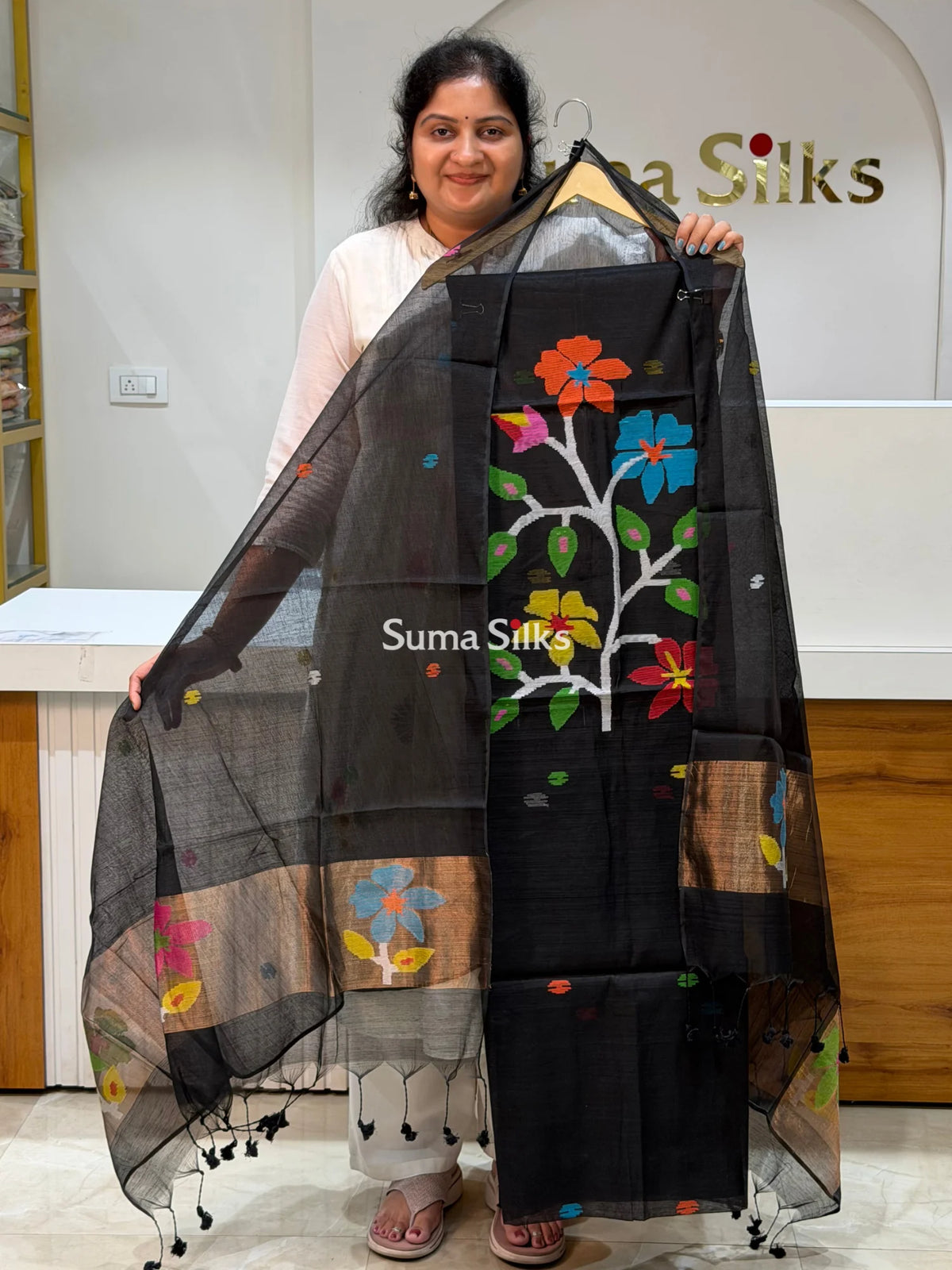 Muslin Jamdani Neck Floral Design Black Color
