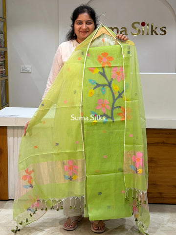 Muslin Jamdani Neck Floral Design Green Color