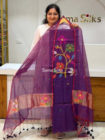 Muslin Jamdani Neck Floral Design Purple Color