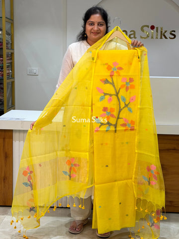 Muslin Jamdani Neck Floral Design Yellow Color