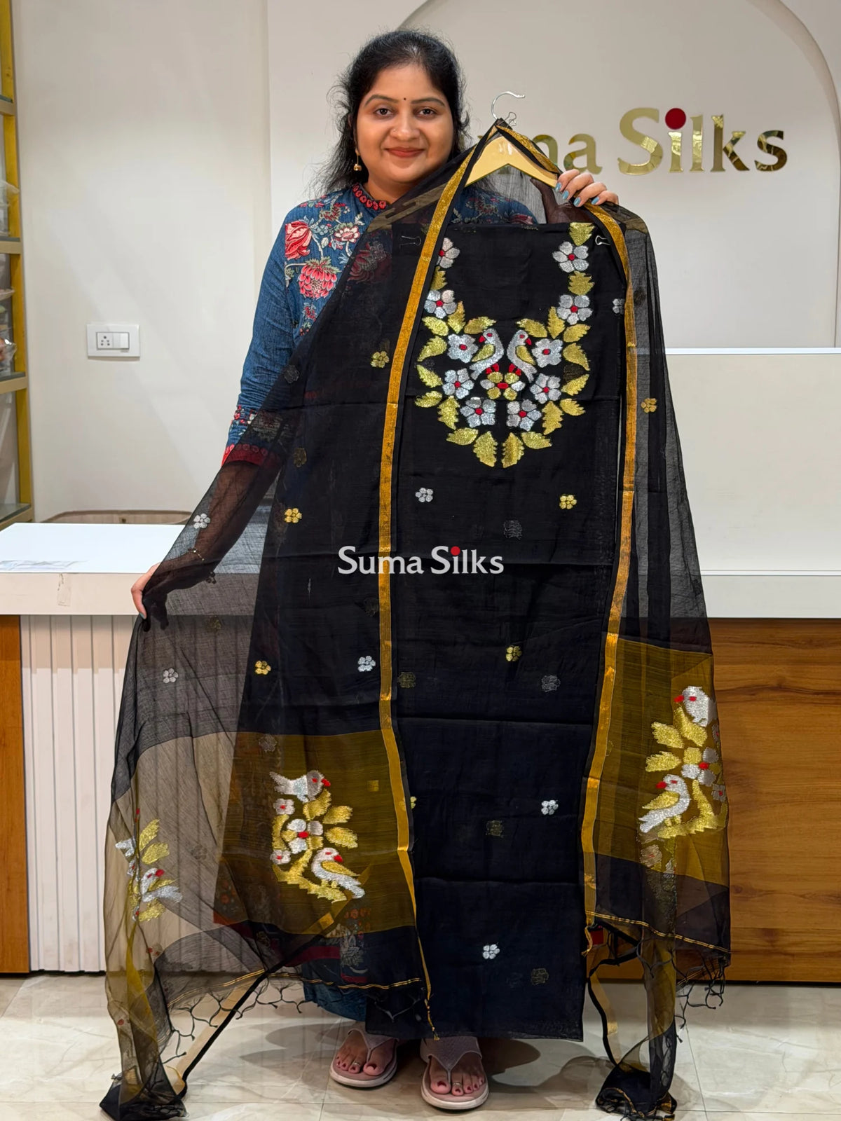 Muslin Jamdani Neck Flowers Birds Black Color Zari Buttis