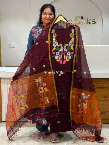 Muslin Jamdani Neck Flowers Birds Dark Brown Color