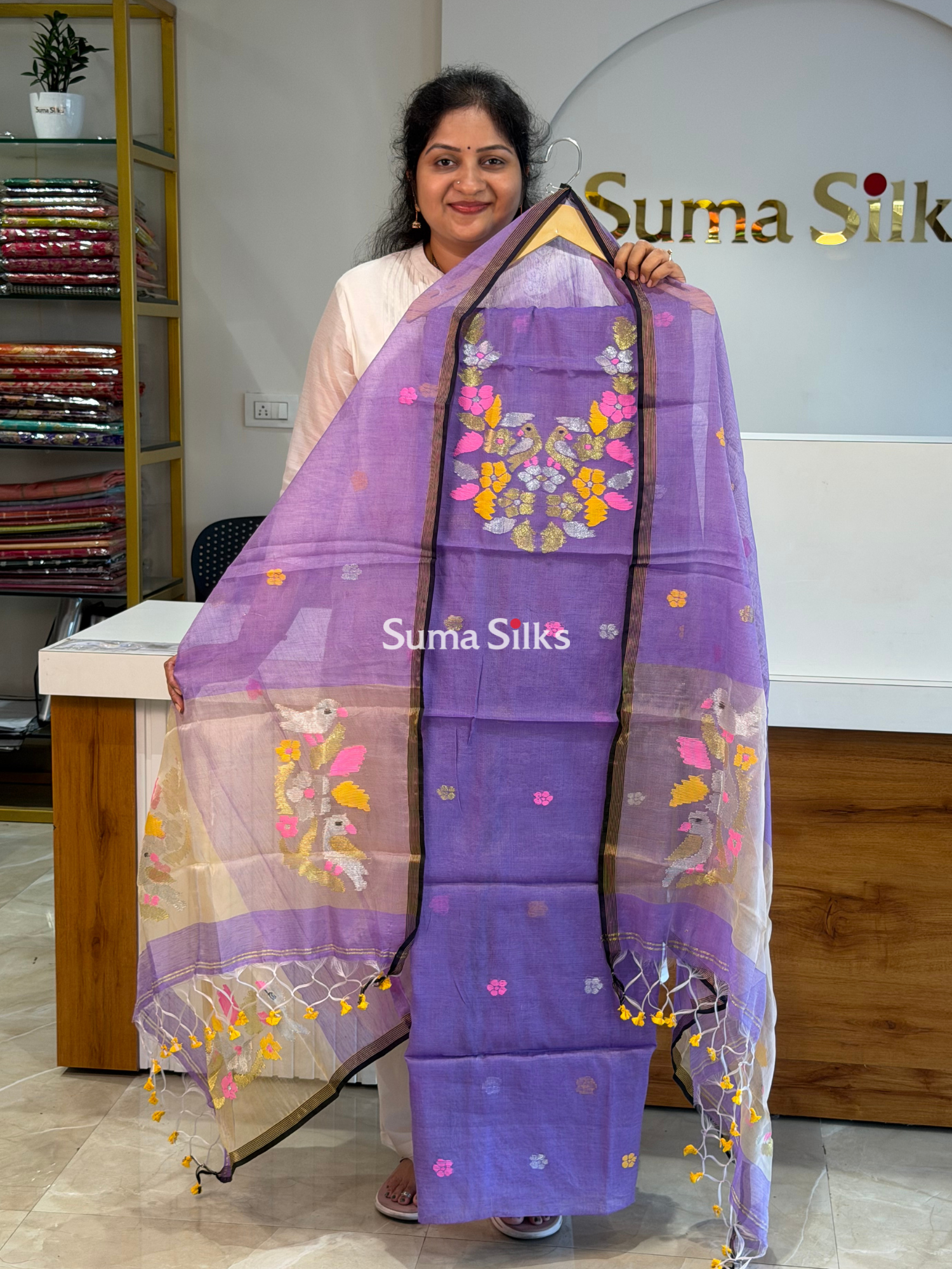 Muslin Jamdani Neck Flowers Birds Lavender-SSS1516-1
