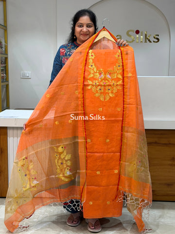 Muslin Jamdani Neck Flowers Birds Orange Color Zari Buttis