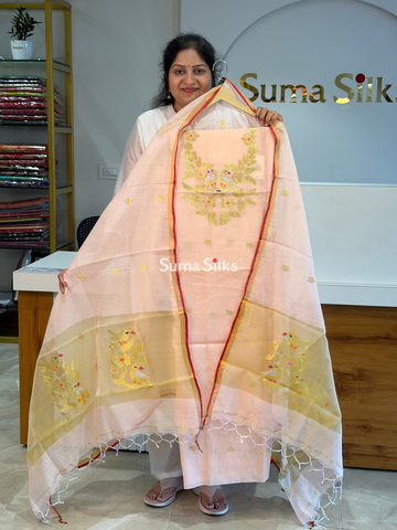 Muslin Jamdani Neck Flowers Birds Peach-SSS1516-2