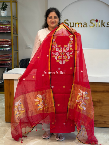 Muslin Jamdani Neck Flowers Birds Red-SSS1516-3