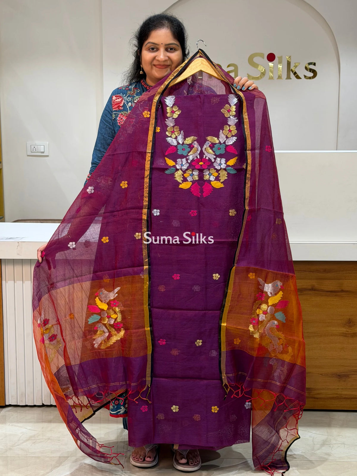 Muslin Jamdani Neck Flowers Birds Wine Color