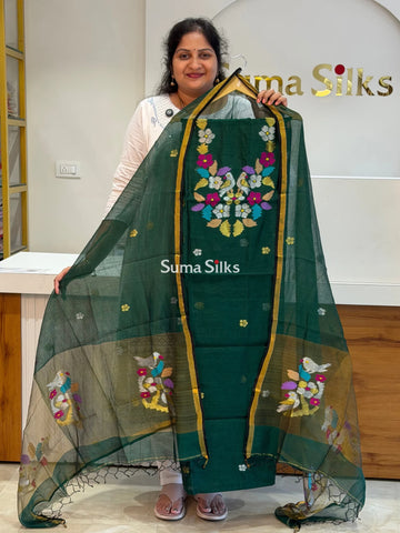 Muslin Jamdani Neck Flowers Bottle Green