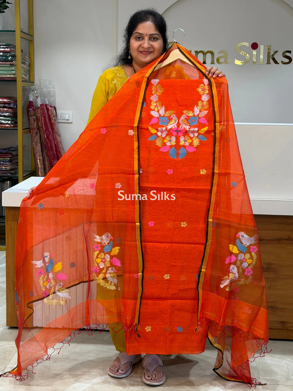 Muslin Jamdani Neck Flowers Orange