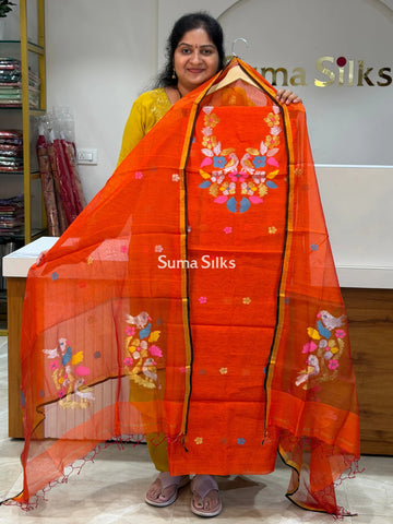Muslin Jamdani Neck Flowers Orange