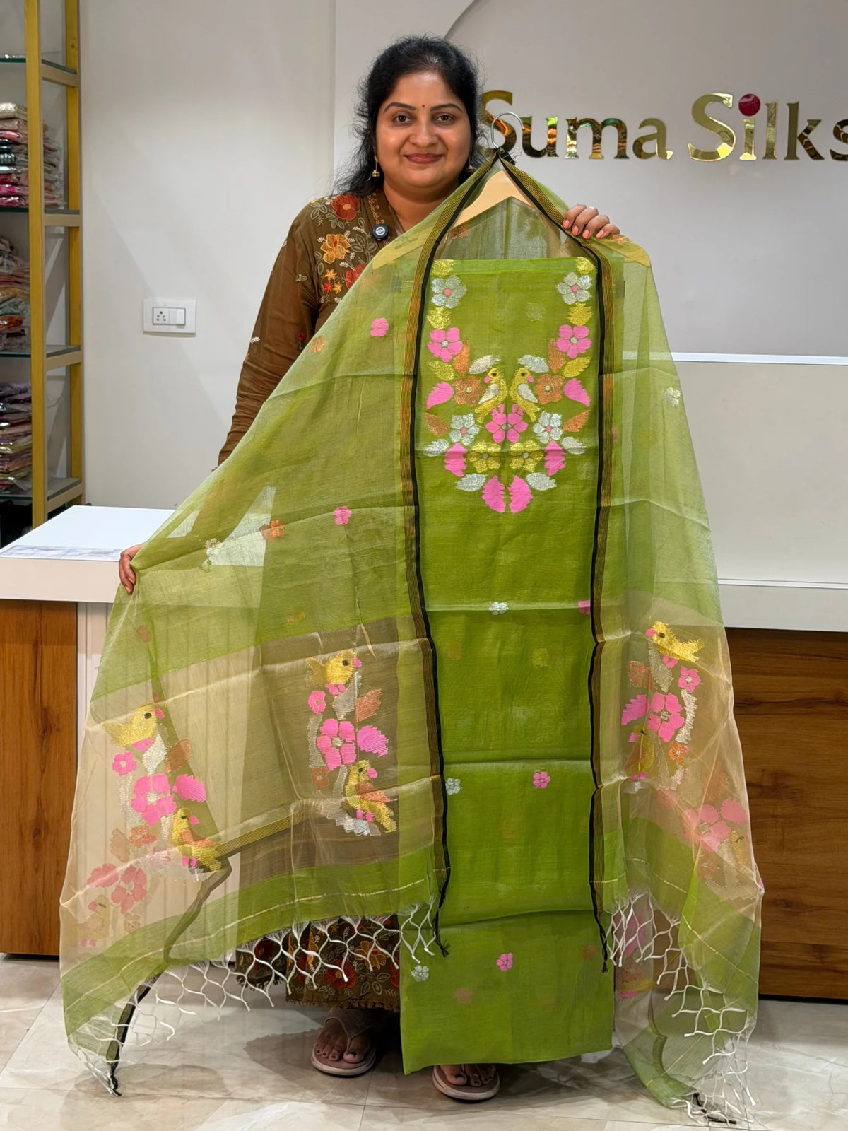 Muslin Jamdani Neck Flowers Parrot Green Color