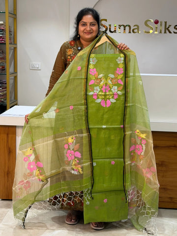 Muslin Jamdani Neck Flowers Parrot Green Color