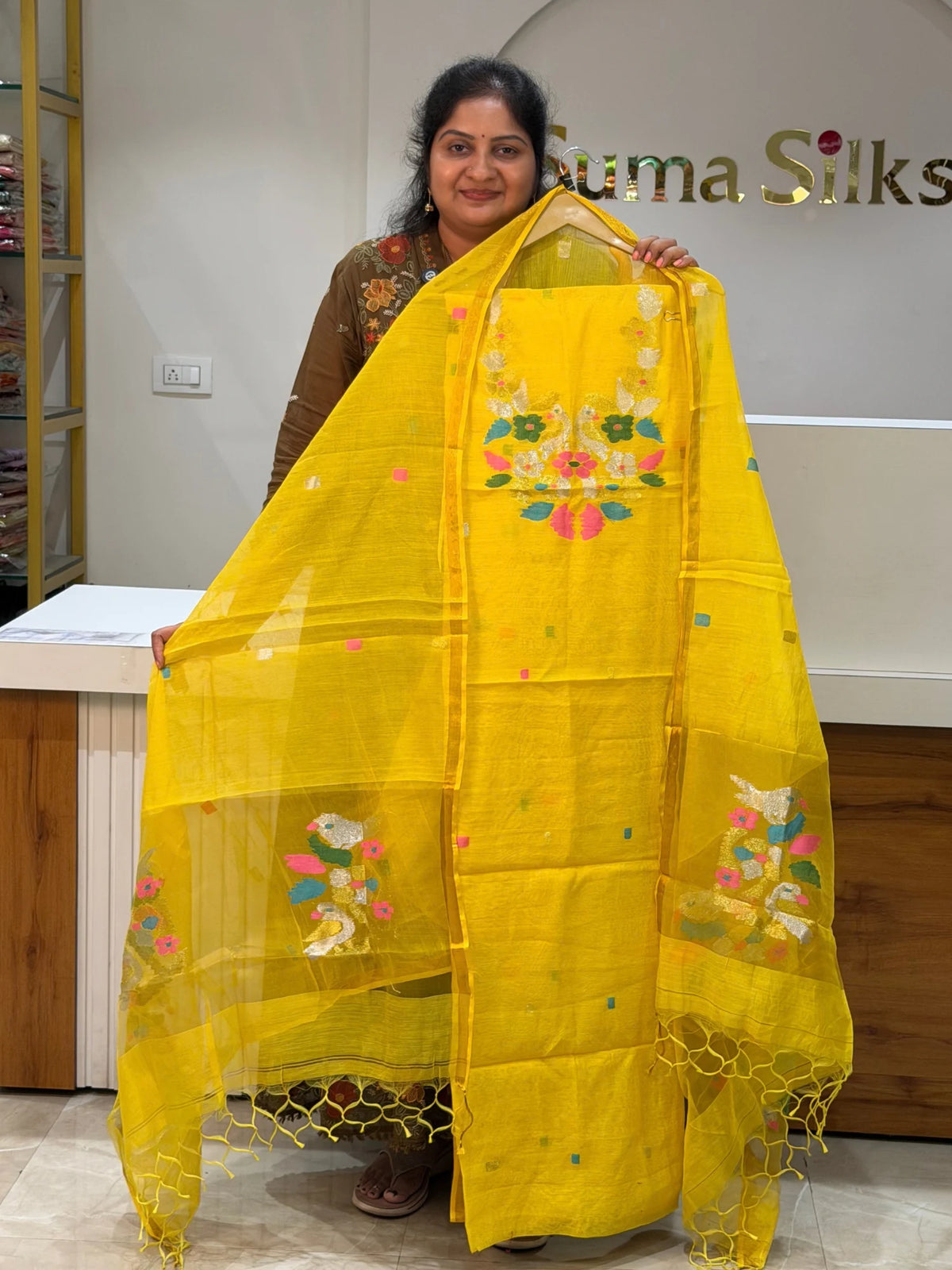 Muslin Jamdani Neck Flowers Yellow Color with Multi Color Butti