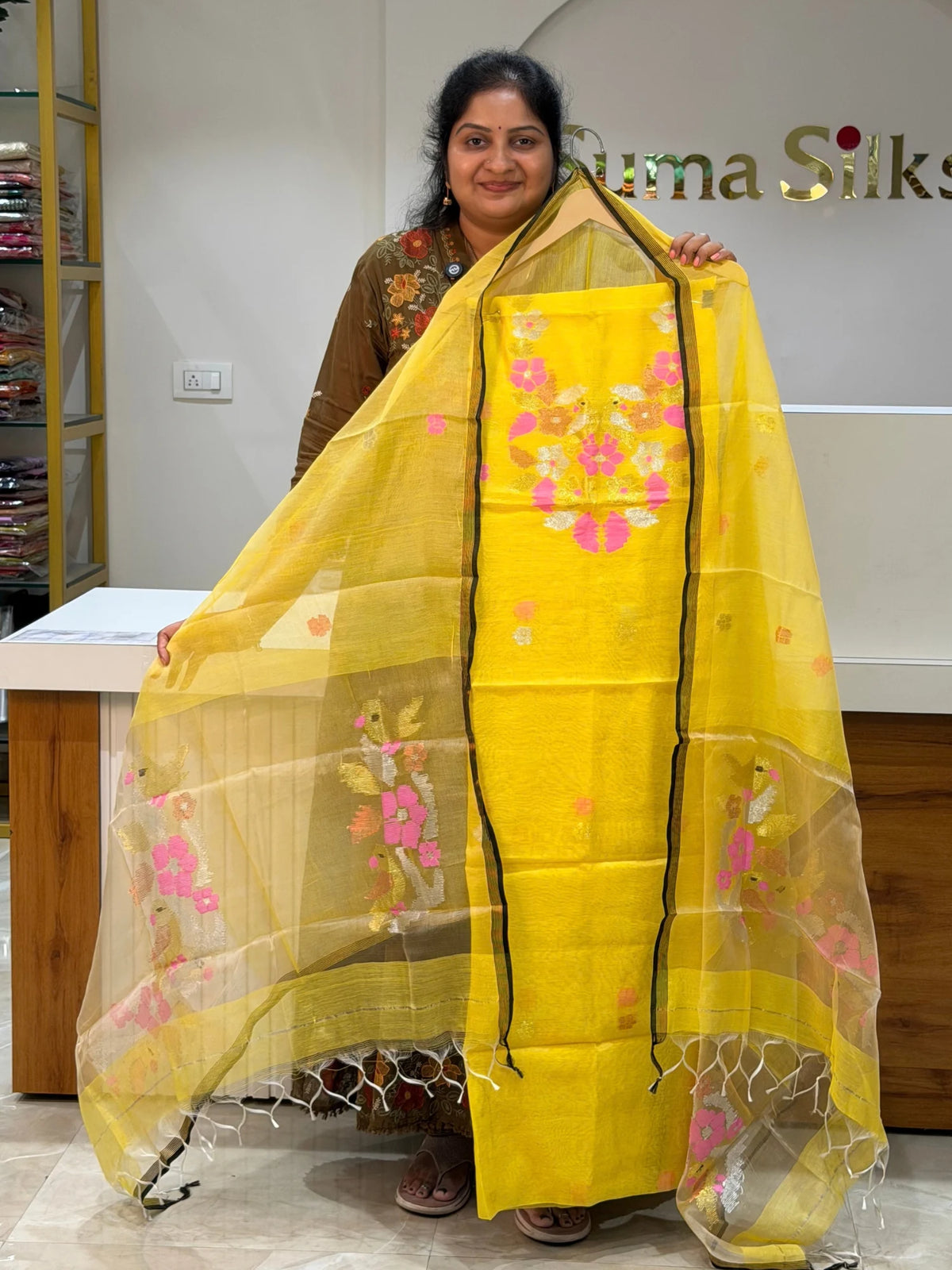 Muslin Jamdani Neck Flowers Yellow Color with Pink Butti