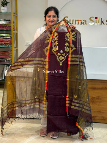 Muslin Jamdani Neck Pattern Brown