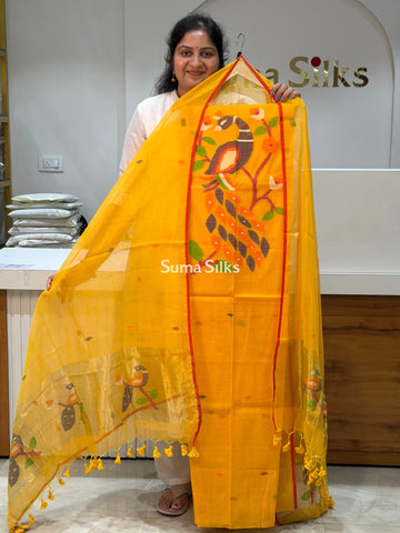 Muslin Jamdani Neck Peacock Design Mango Yellow Color