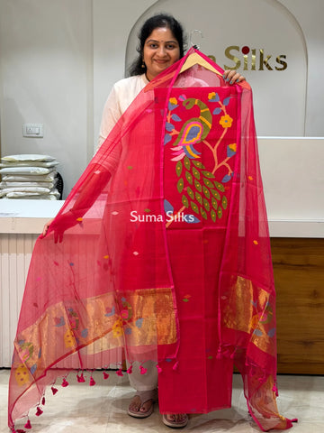 Muslin Jamdani Neck Peacock Design Pinkish Red Color