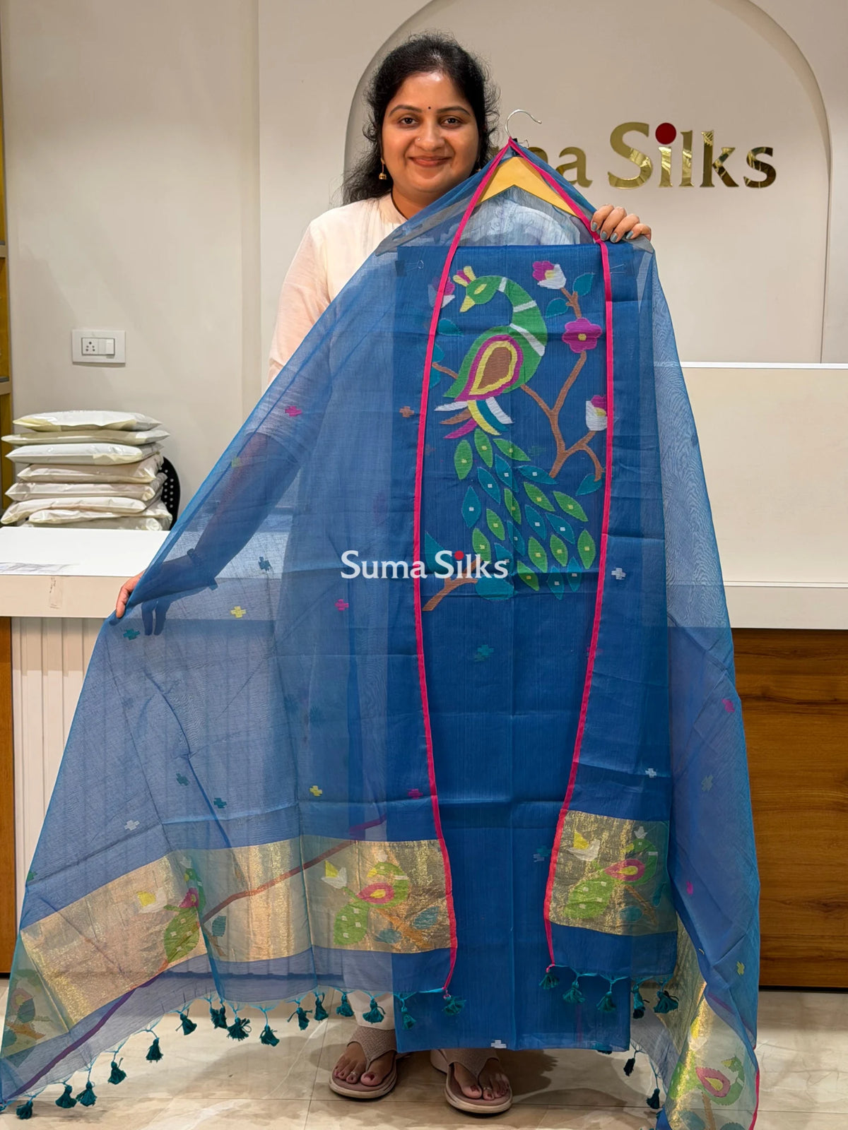 Muslin Jamdani Neck Peacock Design Royal Blue Color