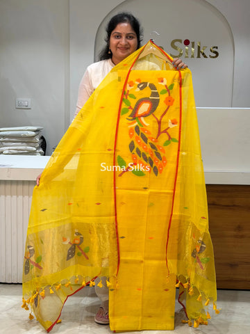Muslin Jamdani Neck Peacock Design Yellow Color