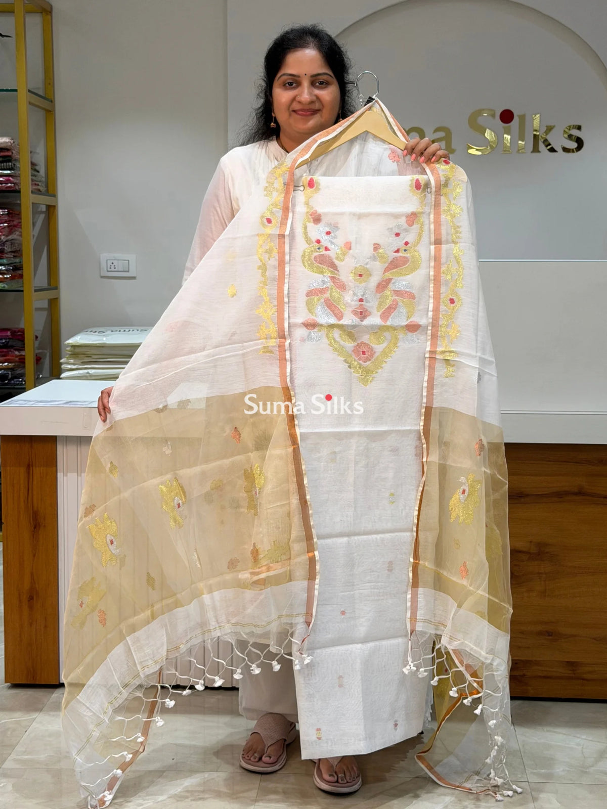 Muslin Jamdani Neck Peacock Pattern White Color