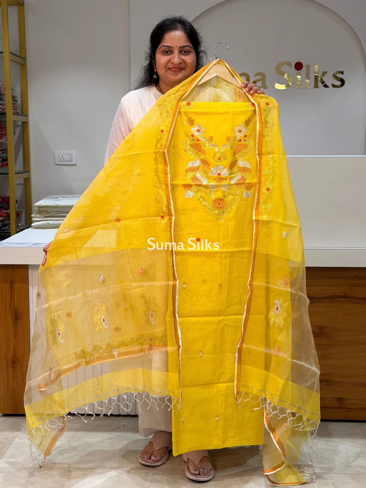 Muslin Jamdani Neck Peacock Pattern Yellow Color
