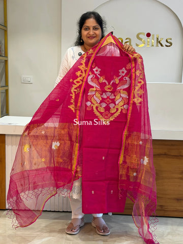 Muslin Jamdani Neck Peacock Rani Pink