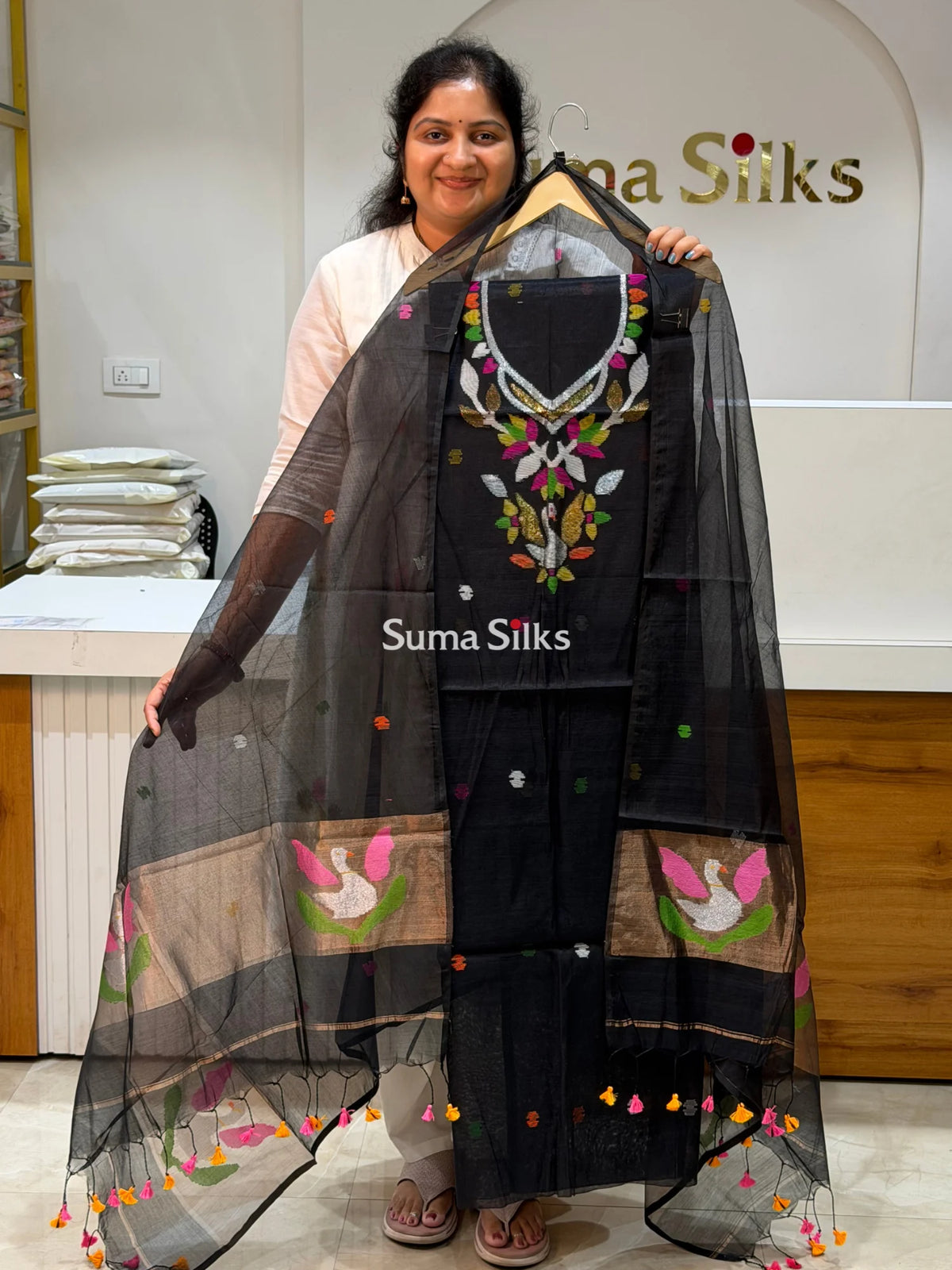 Muslin Jamdani Neck Swan Design Black Color