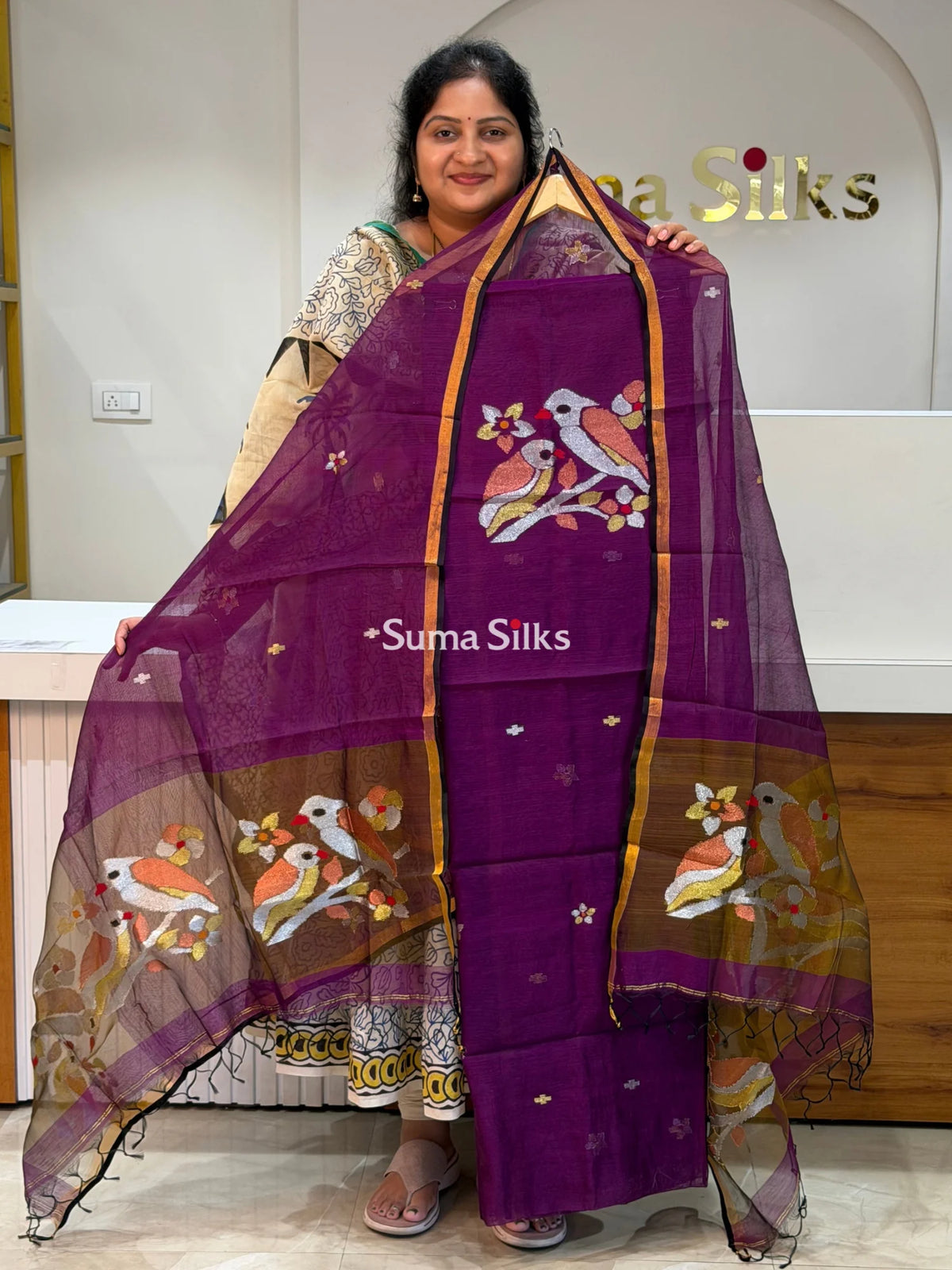 Muslin Jamdani Neck Two Birds Dark Wine Color