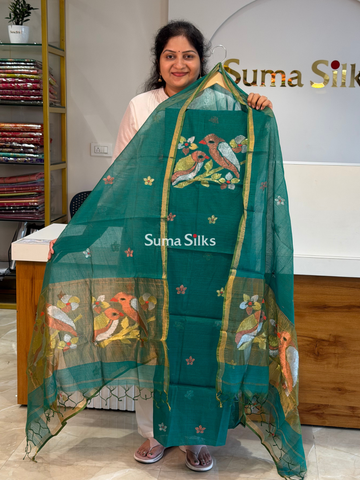 Muslin Jamdani Neck Two Birds Rama Green-SSS1512-1
