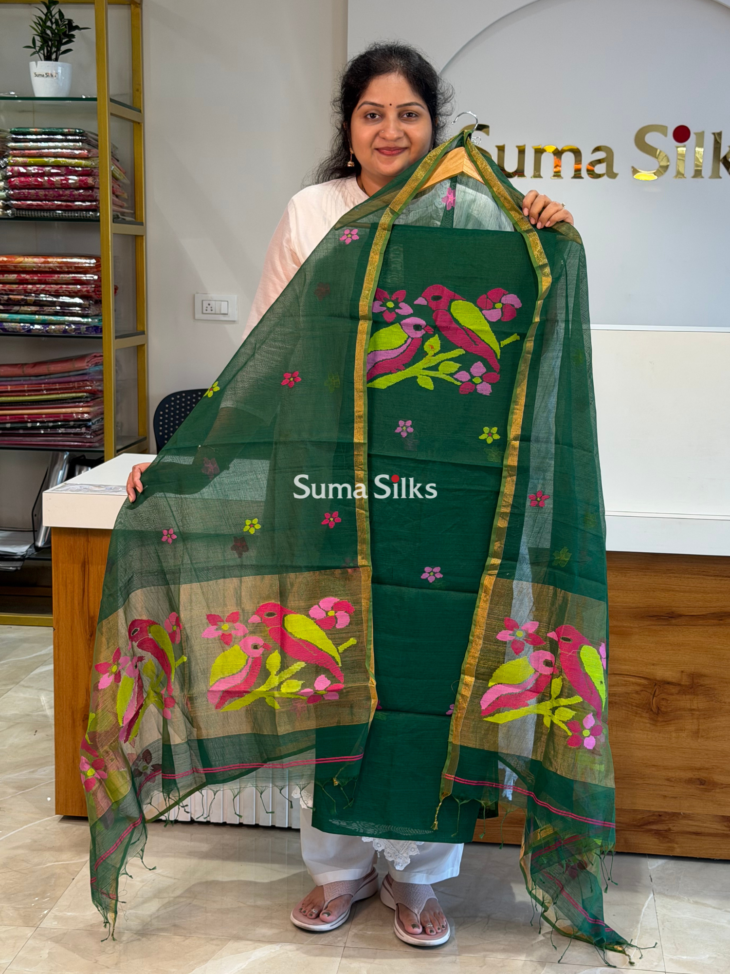 Muslin Jamdani Neck Two Birds Bottle Green-SSS1512-2