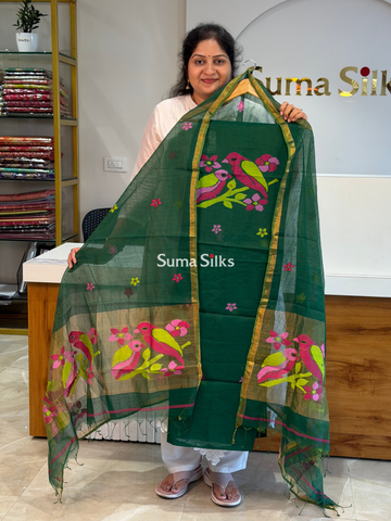 Muslin Jamdani Neck Two Birds Bottle Green-SSS1512-2