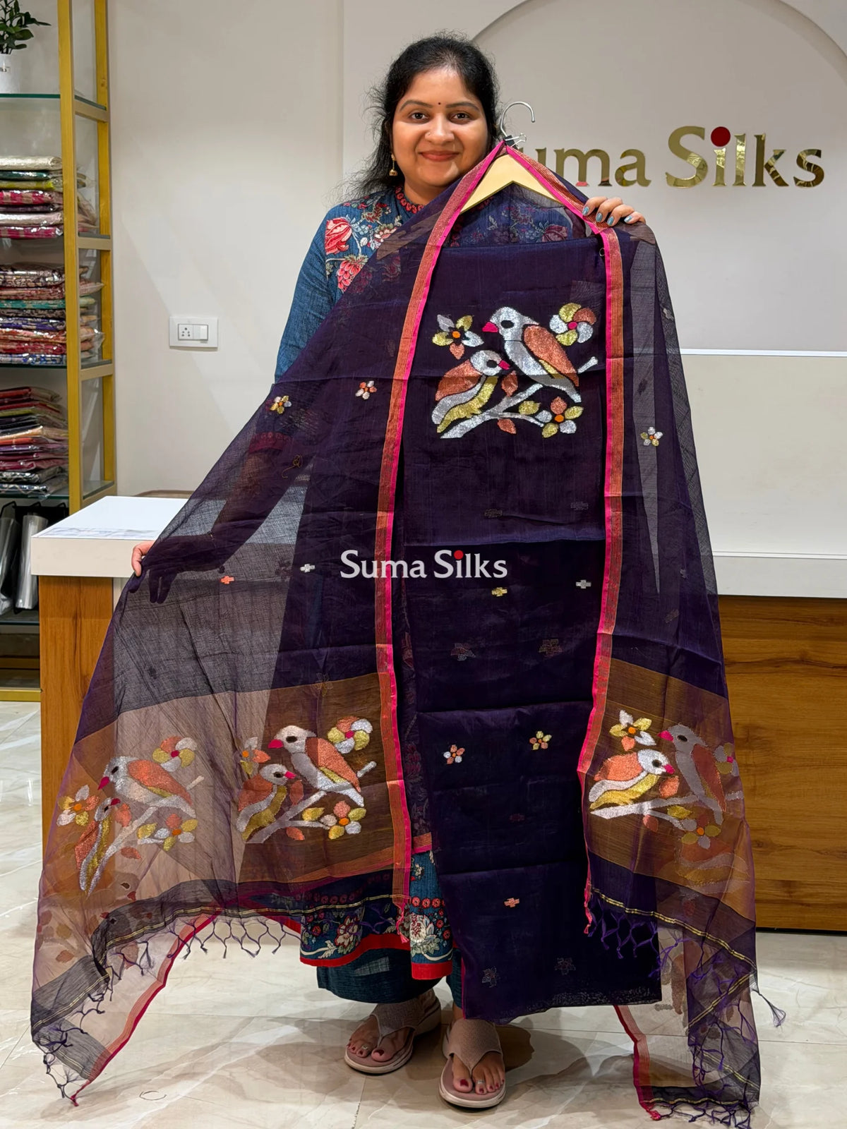 Muslin Jamdani Neck Two Birds Jamun Color