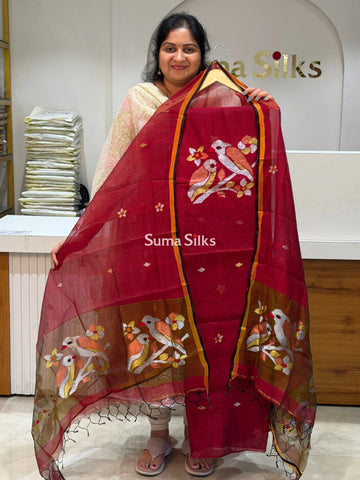Muslin Jamdani Neck Two Birds Maroon Color