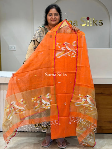 Muslin Jamdani Neck Two Birds Orange Color