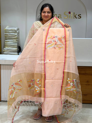 Muslin Jamdani Neck Two Birds Peach Color