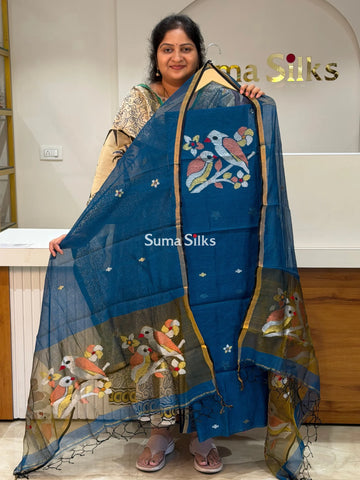 Muslin Jamdani Neck Two Birds Peacock Blue