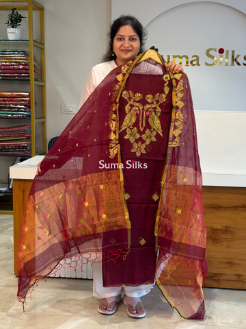 Muslin Jamdani Neck Two Parrot Maroon-SSS1514-4