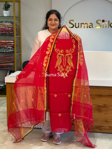 Muslin Jamdani Neck Two Parrot Red-SSS1514-3