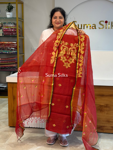 Muslin Jamdani Neck Two Parrot Rust-SSS1514-1