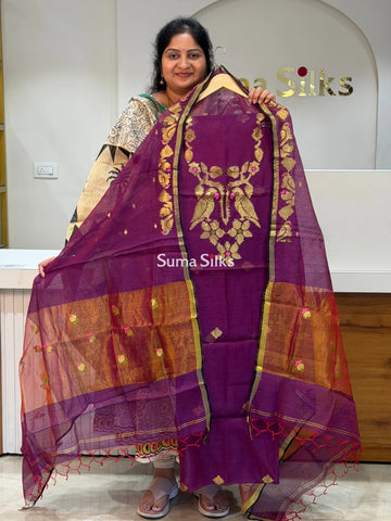 Muslin Jamdani Neck Two Parrots Purple