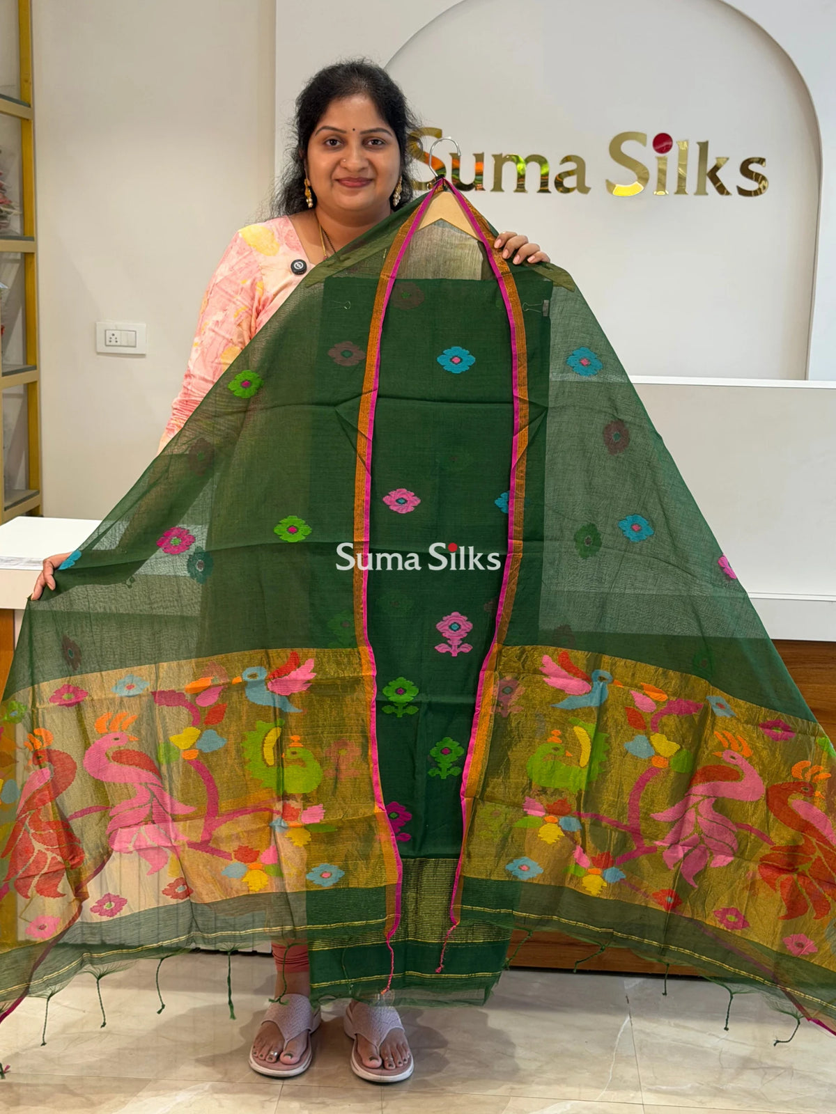 Muslin Jamdani Paithani Dupatta Bottle Green