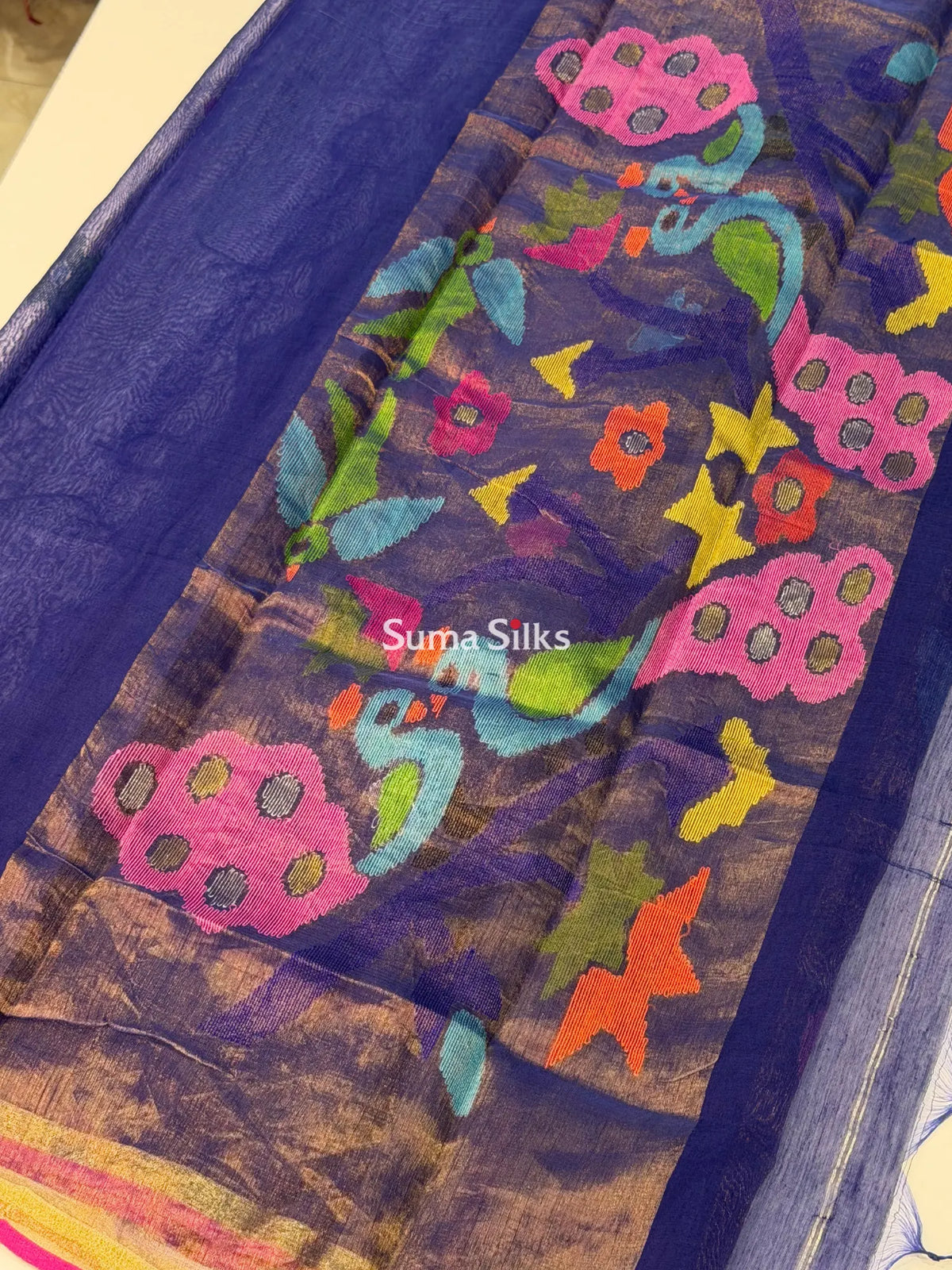 Muslin Jamdani Paithani Dupatta Ink Blue