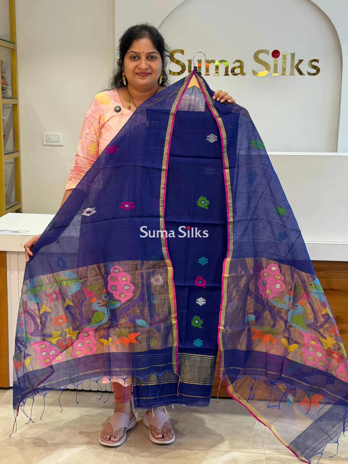 Muslin Jamdani Paithani Dupatta Ink Blue
