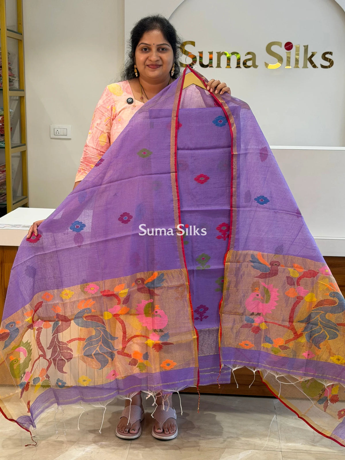 Muslin Jamdani Paithani Dupatta Lavender