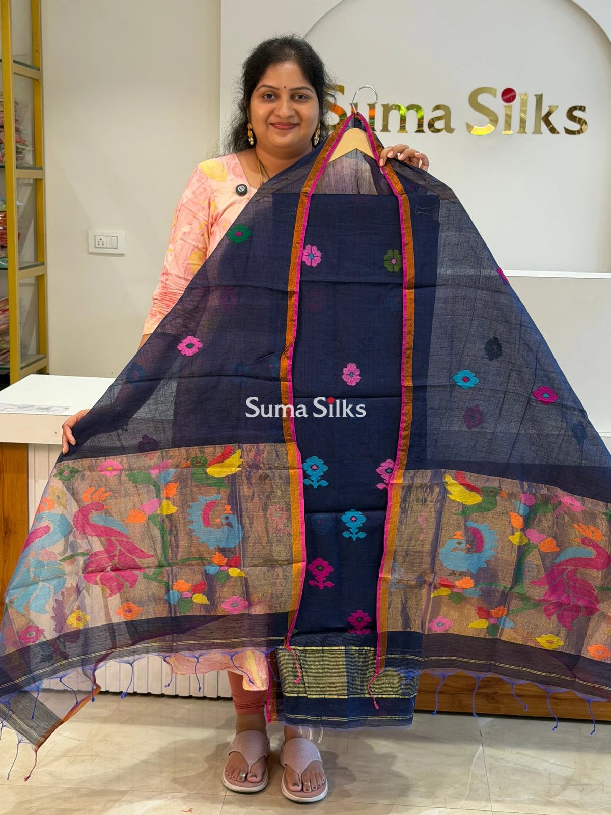 Muslin Jamdani Paithani Dupatta Navy