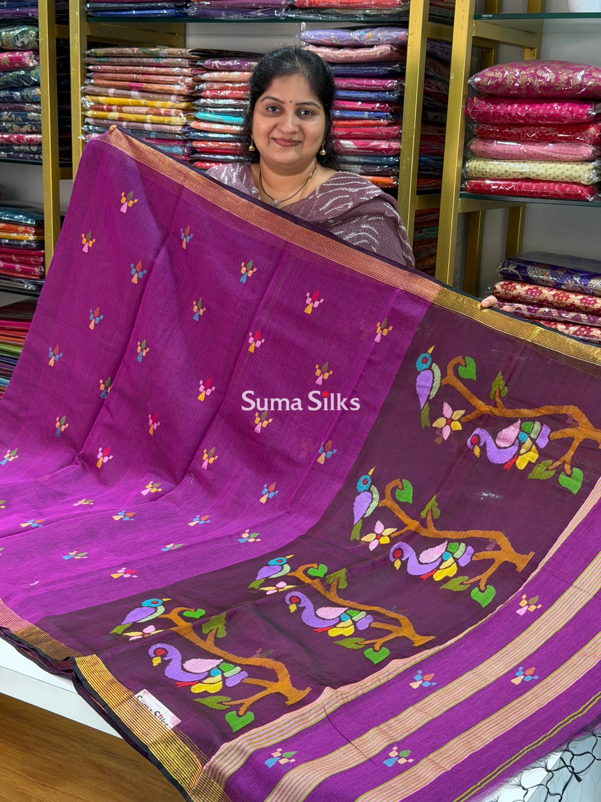 Muslin Jamdani Peacock Design Wine