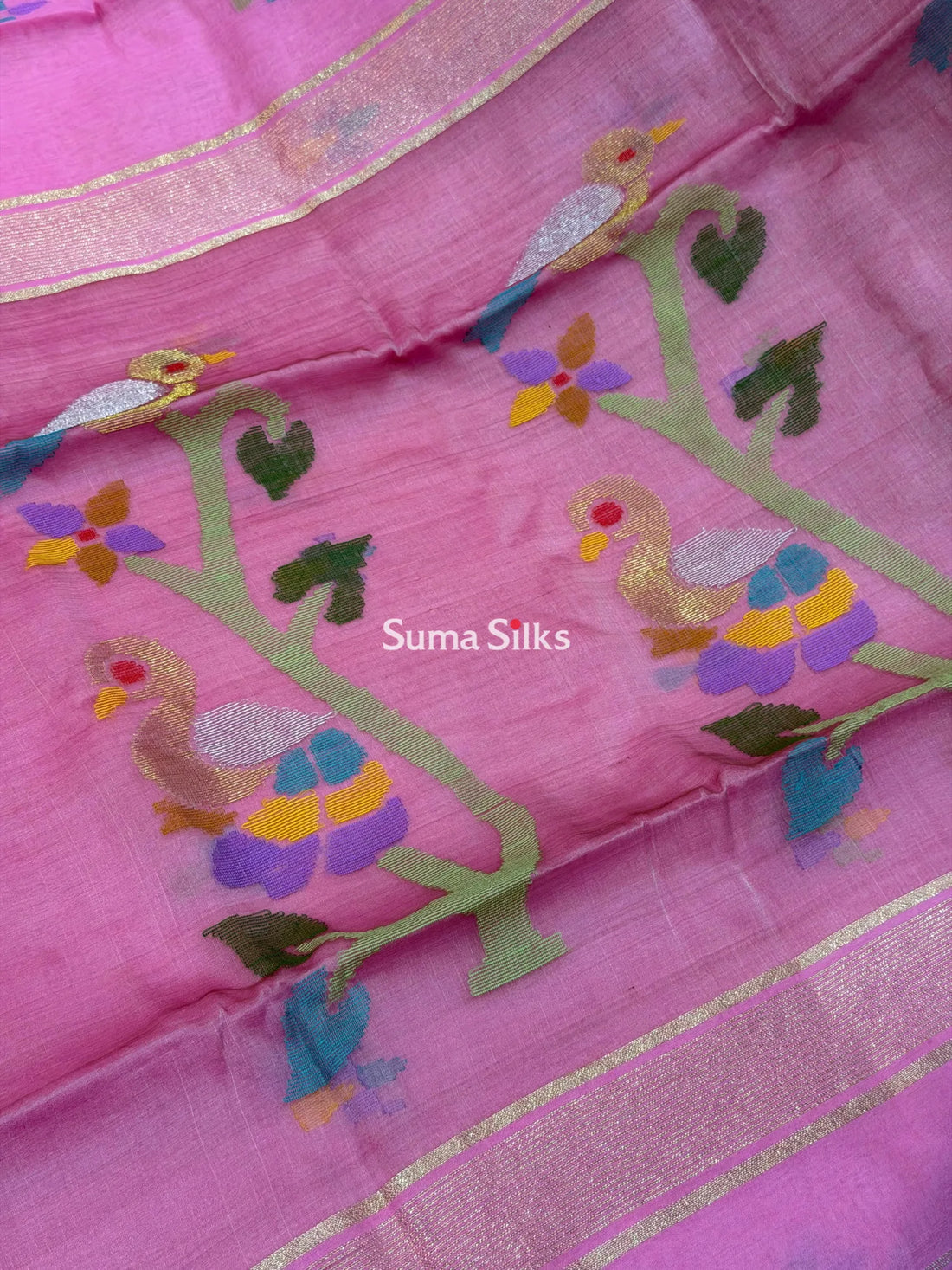 Muslin Jamdani Peacock Tree Baby Pink Multi