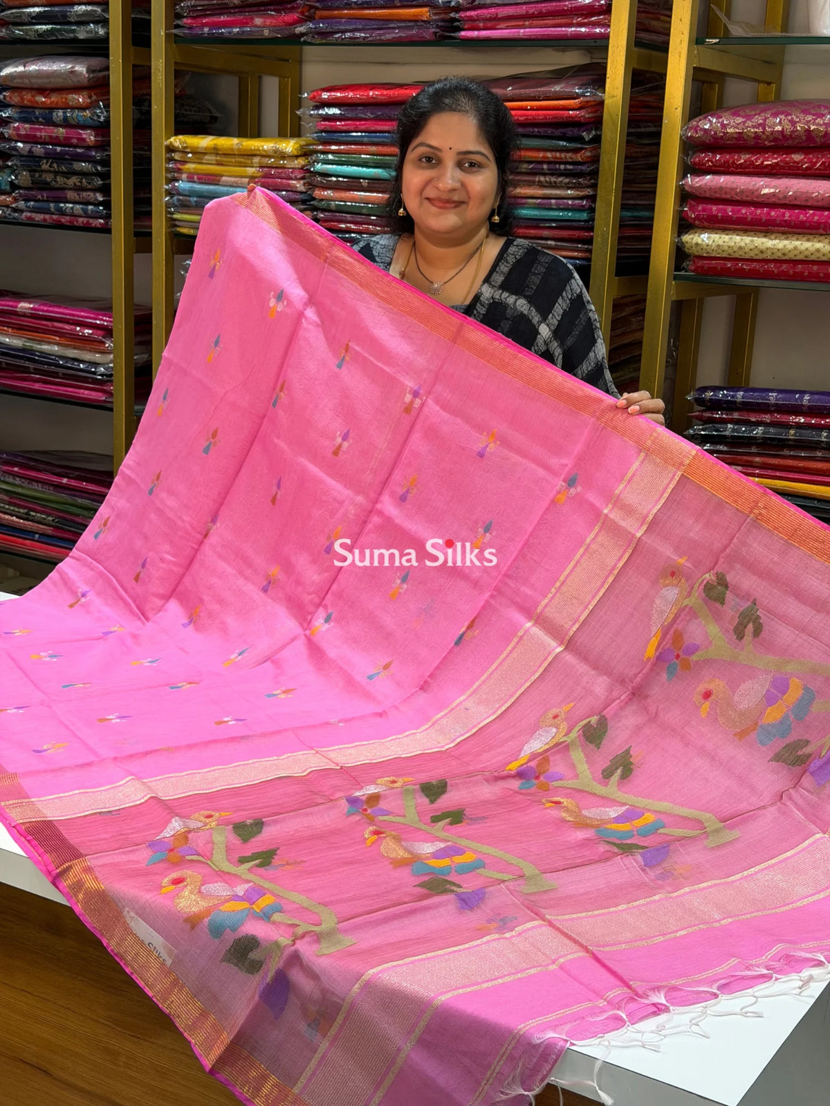 Muslin Jamdani Peacock Tree Baby Pink Zari